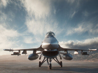 Front view of a modern fighter jet in flight, armed with missiles over desert terrain, showcasing military power and advanced aerial technology.

