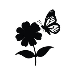 Black silhouette illustration of a butterfly on a flower against white background