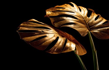 This jungle or forest pattern features an abstract tropical background with gold and green Monstera leaves, golden accents, and a botanical design, making it suitable for modern summer product