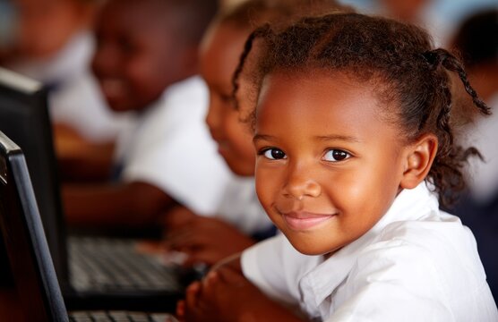 A diverse group of young students in an elementary classroom are engaged in a tech-based learning activity, exhibiting joyful expressions as they focus on their computer lesson