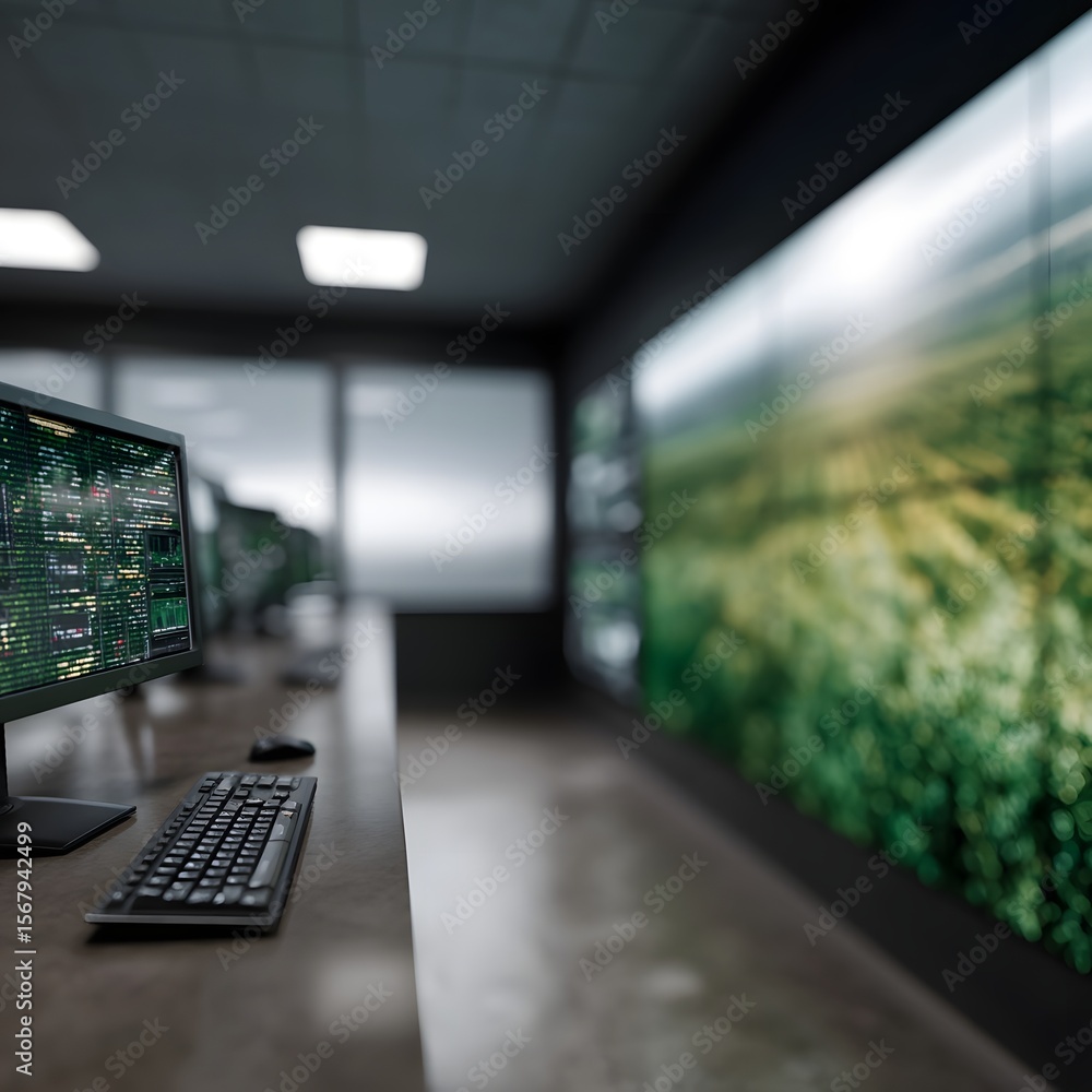 Poster smart farming command center with screens displaying crop data
