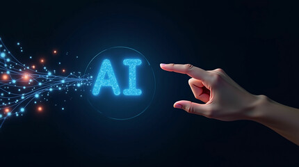 A hand interacts with a glowing, futuristic "AI" text amidst a network of digital connections and data flow