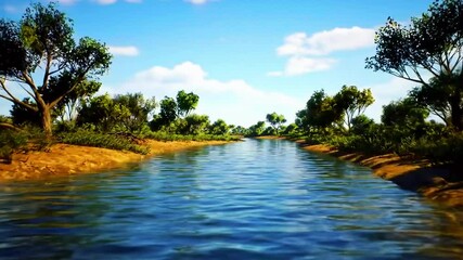 Sungai padang pasir Australia, semak low bush, air minim mengalir, Realistis, 3D look (cinematic), Statis (kamera diam), Smooth (gerakan tidak tersendat), 4K resolusi, Loopable seamless