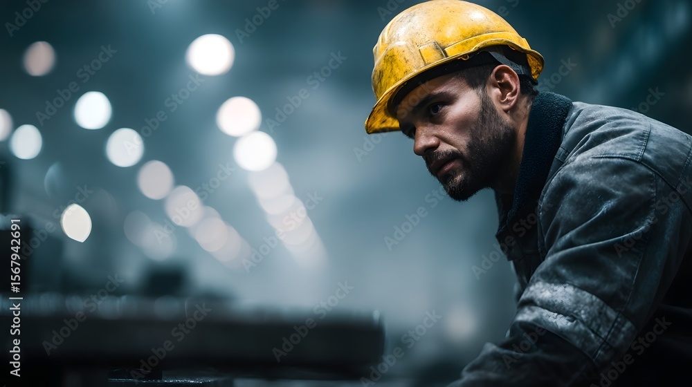Poster factory worker operating large hinery in production line