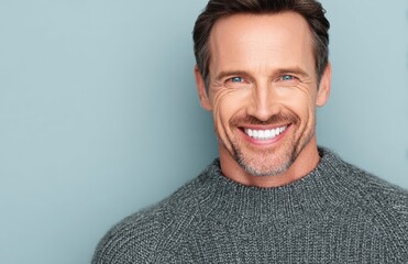 The image features a happy male in his 30s sporting a stylish hairstyle and a sporty polo shirt, set against a pastel blue background, with a broad smile that showcases his perfect white teeth,