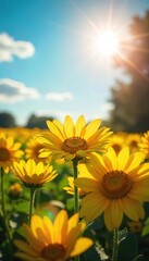 Fototapeta premium Sunlit Orange Flowers A Joyful Scene of Vibrant Colors Evoking Happiness and Positive Emotions, Ideal for Websites, Blogs, and Social Media