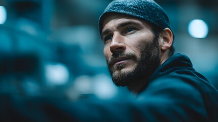 Factory worker operating industrial hinery in a production line