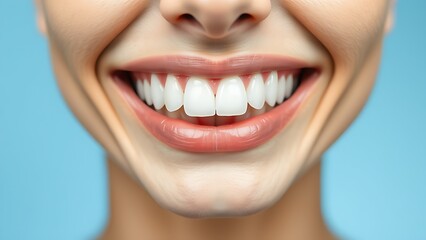 Fototapeta premium A close-up of natural white teeth against a soft blue background, representing dental health and confidence.