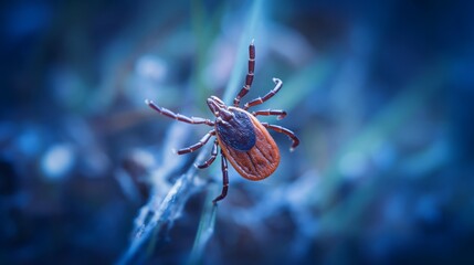 Close-up of a tick on green leaf in natural environment, symbolizing danger of tick-borne diseases and parasites in wildlife. Health risk and medical concept.