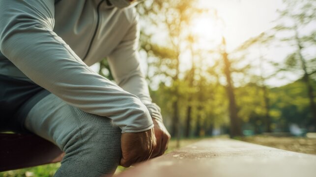 Athletic man stretching legs on park bench after long distance race, exhausted marathon runner recovering from intense workout, fitness and endurance concept.