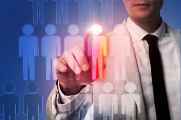 Dismissal. Businessman choosing human figure on virtual screen against dark blue background, closeup