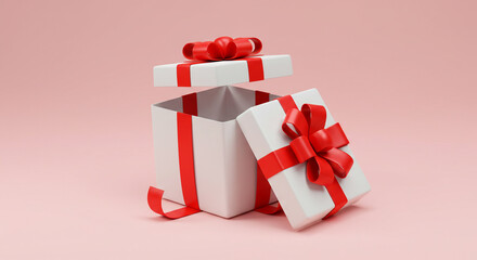 Unveiling a festive white package tied with bright red ribbons against a soft pink backdrop
