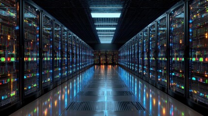 Illuminated server racks in modern data center technology and network infrastructure