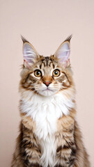 Obraz premium Fluffy Maine Coon or tabby cat posing calmly on beige backdrop with long fur coat