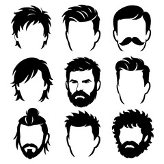 Men’s Hair, Beard, and Mustache Silhouette Icons – Male Hairstyle and Facial Hair Set, Transparent Background