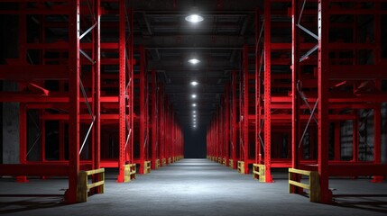 Industrial Warehouse with Red Shelving and Lighting