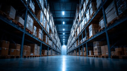 Spacious Warehouse Aisle with Stacked Boxes