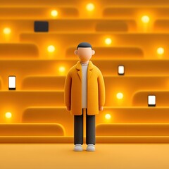 A person stands with smartphones in a vibrant scene.