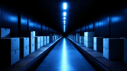 Dark Warehouse with Boxes and Neon Lights