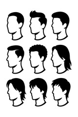 Male Hairstyle Silhouette Icon Set in Side View for Men and Boys - Transparent Background