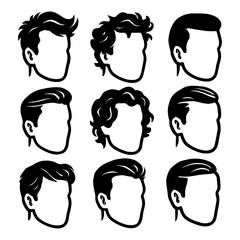 Male Hairstyle Silhouette Icon Set in Side View for Men and Boys - Transparent Background