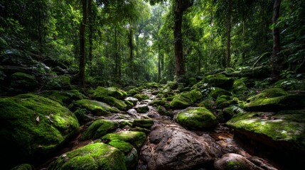 Tranquil Forest Landscape with Lush Greenery and Rocks