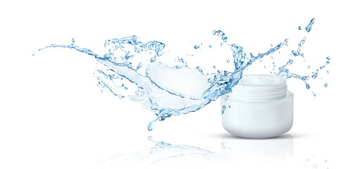 Jar of cream and water splash on white background. Stylish presentation for cosmetic product, banner design