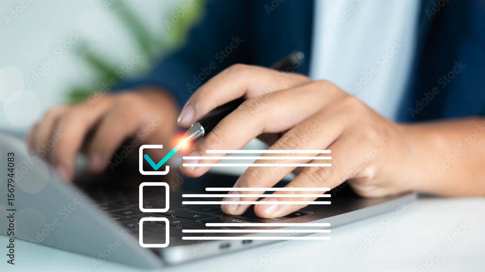 Poster close-up of a hand checking task on a digital checklist using a laptop, representing online task man
