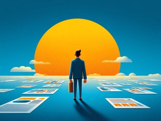 A businessman stands before a bright sunrise.