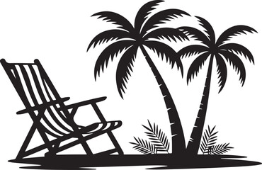 tropical beach silhouette with palm trees and deck chair, relaxing island scene in black vector style