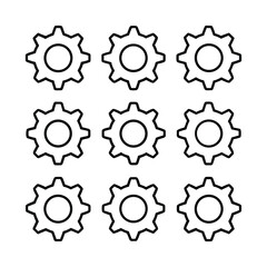 Vector art of nine outline gears isolated on white background