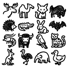 Cute Animal Doodle Collection in Hand Drawn Childlike Scribble Style – Transparent Background