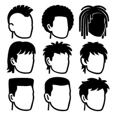 Male Hairstyle Silhouette Icon Set in Side View for Men and Boys - Transparent Background