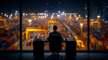 Businessman Overseeing Container Port at Night