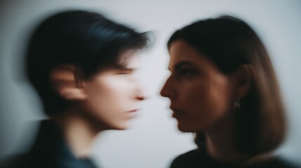 Two gender-neutral silhouettes facing each other with a single androgynous face in sharp focus, representing fluid identity and diversity concepts.