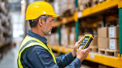Warehouse Worker with Measuring Device in Storage Area
