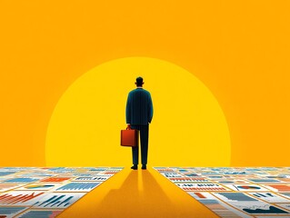 A businessman stands before a bright future.