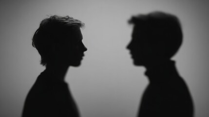 Two gender-neutral silhouettes facing each other with a single androgynous face in sharp focus, representing fluid identity and diversity concepts.