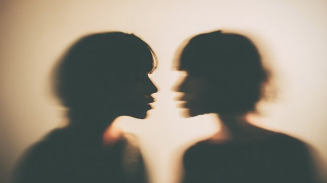 Two gender-neutral silhouettes facing each other with a single androgynous face in sharp focus, representing fluid identity and diversity concepts. - Powered by Adobe