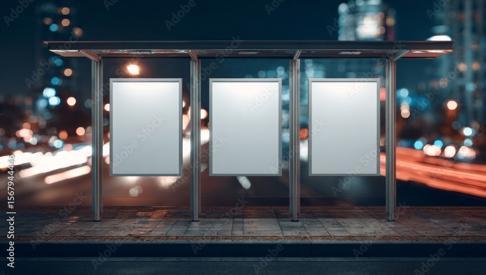 Poster in the city at night, billboards at bus stops offer blank spaces for advertisements and feature empt