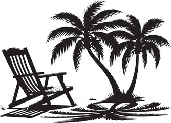 tropical beach silhouette with palm trees and deck chair, relaxing island scene in black vector style