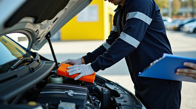 A gloved mechanic in dark overalls diligently checks a car's engine while holding a clipboard for inspection - Powered by Adobe