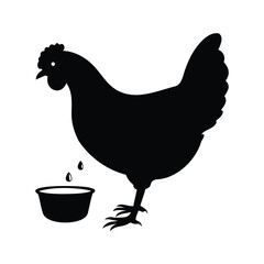 Silhouette of a Chicken Drinking Water from a Bowl on White Background