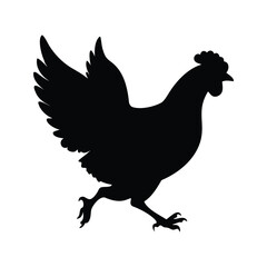 Black silhouette of a hen running or flying with wings spread wide