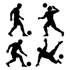 Soccer Player Silhouette Action Poses Collection with Kick, Dribble, and Goal Celebration Gestures in Solid Black Style - Transparent Background