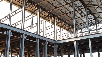 Industrial steel frame structure in progress, showcasing clean architectural lines and soft natural lighting.