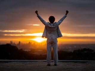 Fototapeta premium Businessman Standing Victoriously on Rooftop Edge at Sunset