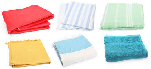 Fototapeta premium Different beach towels on white background, set