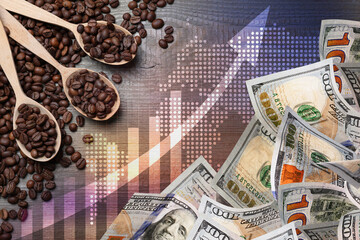 Coffee price rising. Dollars, roasted coffee beans, graph and world map. Double exposure