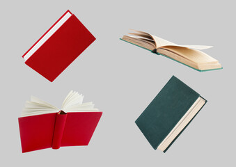 Different hardcover books against grey background, collage